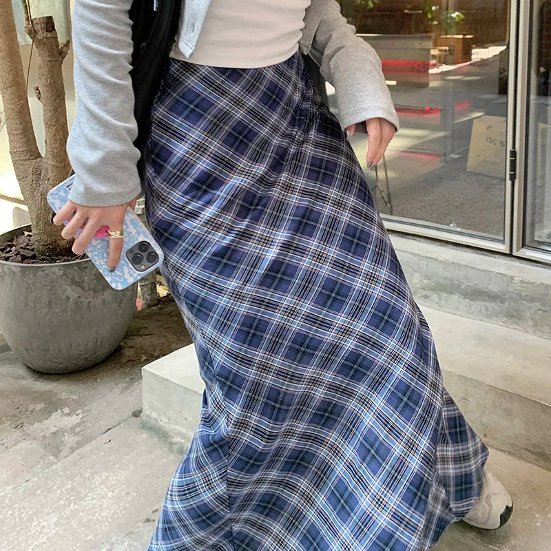 Y2K Blue Plaid Mermaid Fishtail Long Maxi Skirt