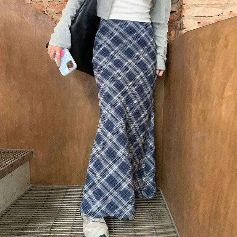 Y2K Blue Plaid Mermaid Fishtail Long Maxi Skirt