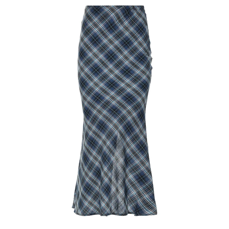 Y2K Blue Plaid Mermaid Fishtail Long Maxi Skirt