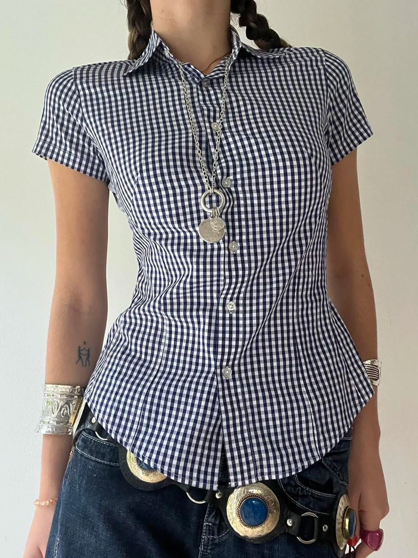 Y2K Blue Plaid Slim Button Up Short Sleeve Blouse Shirt