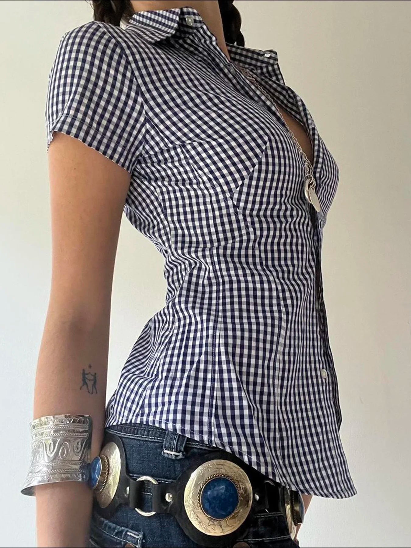 Y2K Blue Plaid Slim Button Up Short Sleeve Blouse Shirt