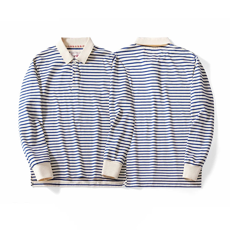 Y2K Blue and White Striped Long Sleeve Polo Shirt Top