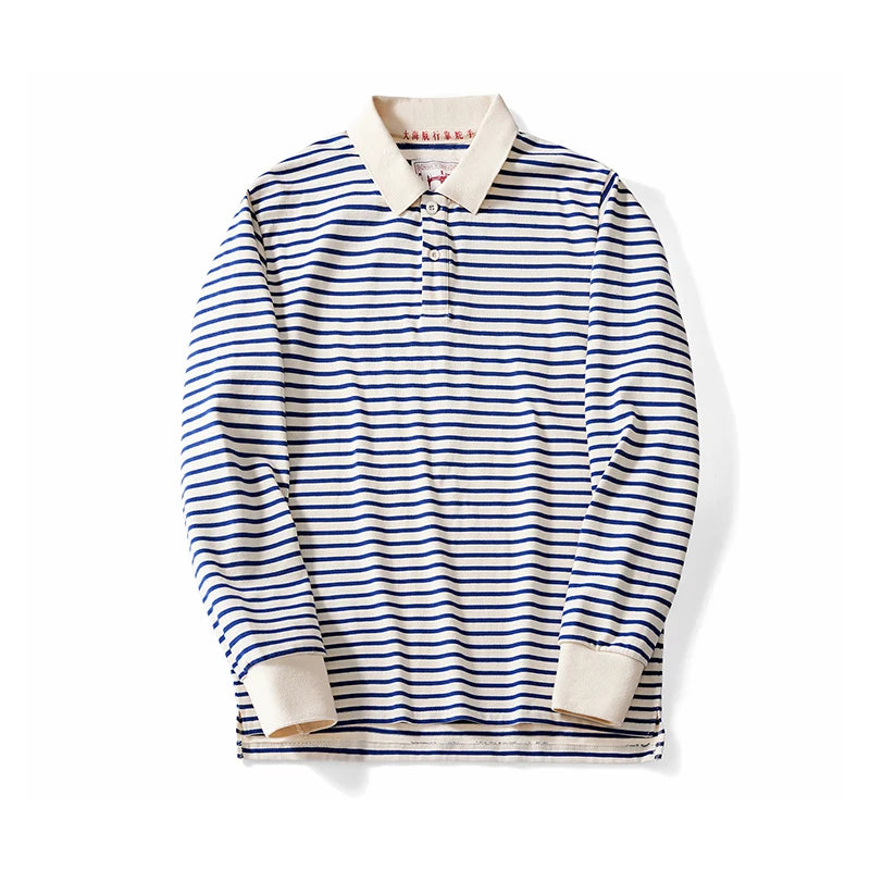 Y2K Blue and White Striped Long Sleeve Polo Shirt Top