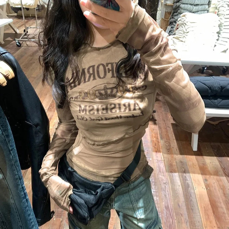Y2K Brown Sheer Mesh Long Sleeve Top