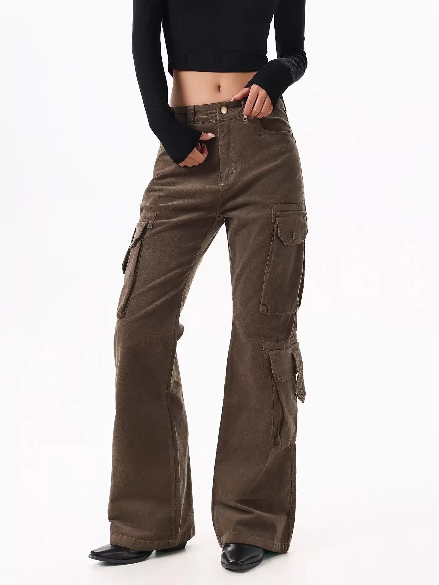 Y2K Brown Spliced High Waist Cargo Flare Jean