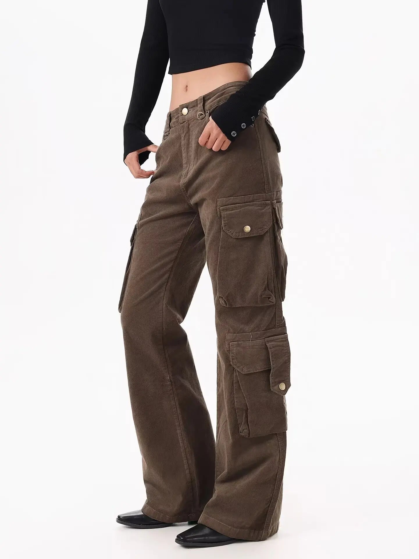Y2K Brown Spliced High Waist Cargo Flare Jeans