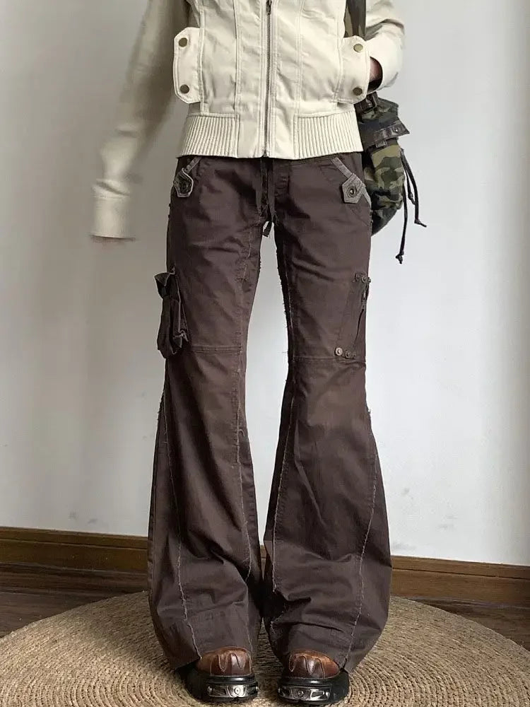 Y2K Brown Spliced High Waist Cargo Flare Jeans