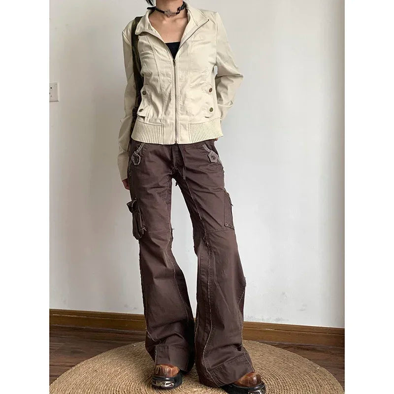 Y2K Brown Spliced High Waist Cargo Flare Jeans