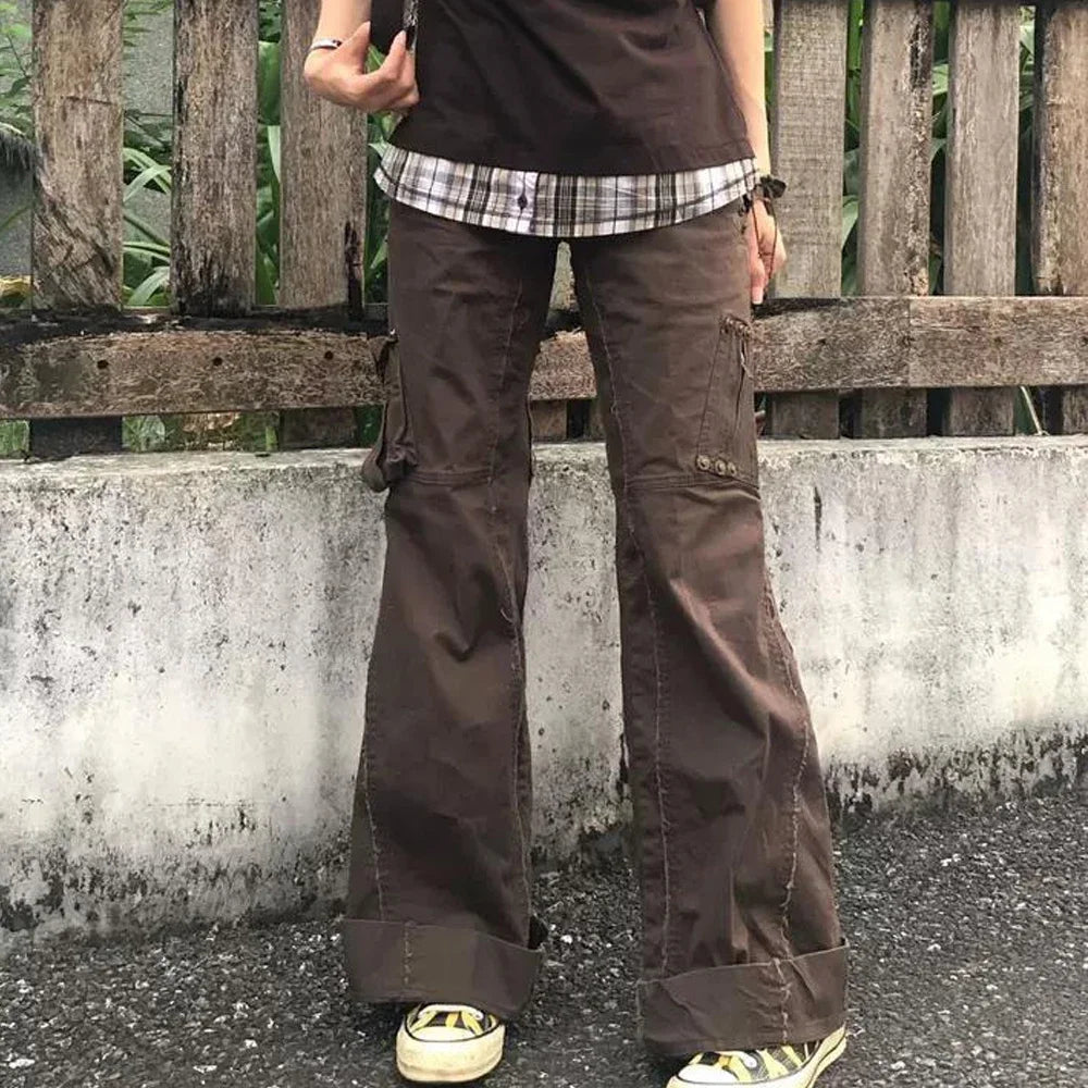 Y2K Brown Spliced High Waist Cargo Flare Jeans