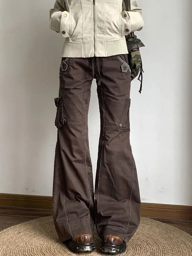 Y2K Brown Spliced High Waist Cargo Flare Jeans