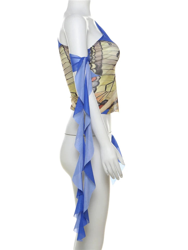 Y2K Butterfly Print Off Shoulder Sheer Mesh Top