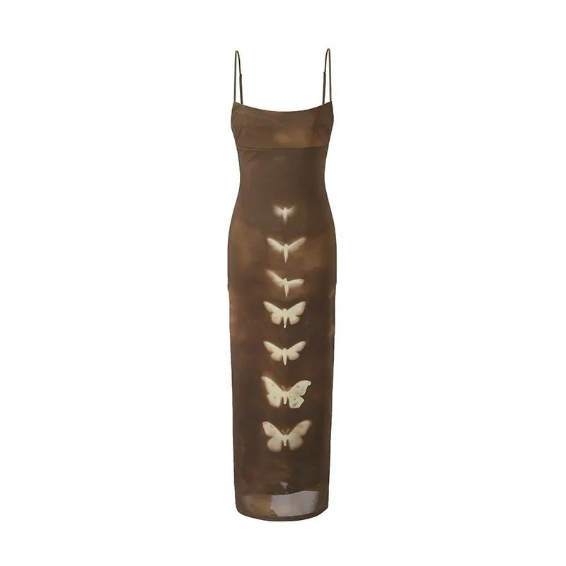 Y2K Butterly Print Brown Maxi Dress