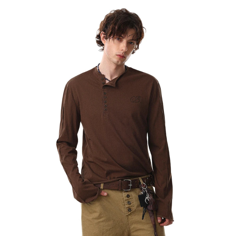 Y2K Button Henley Collar Long Sleeve Top