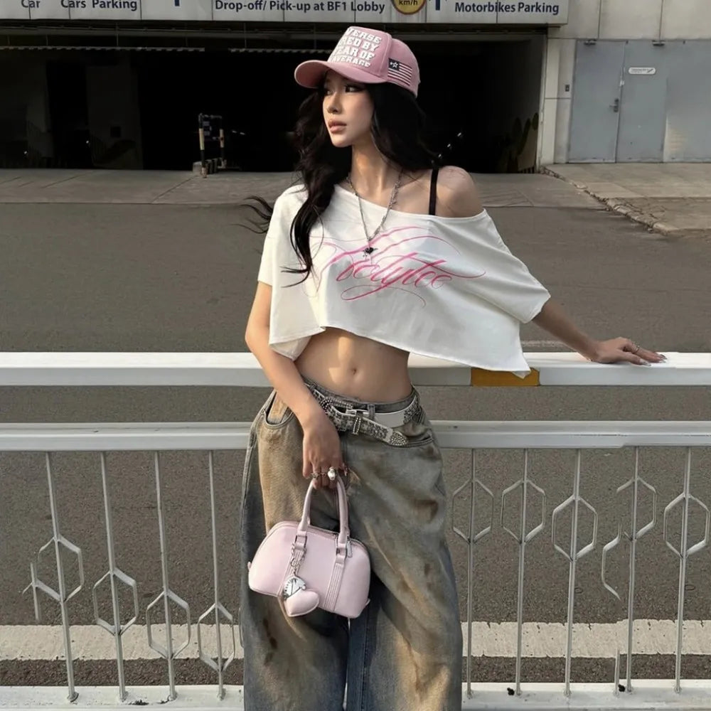 Y2K Caligraphic Baggy Off Shoulder Top