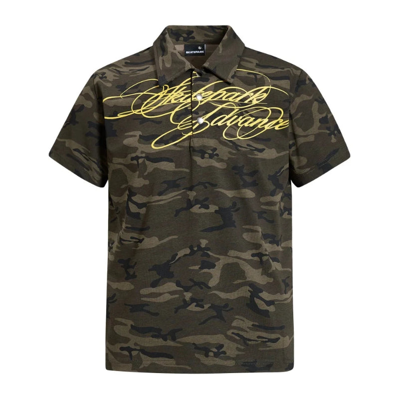 Y2K Camouflage Letter Graphic Polo Shirt