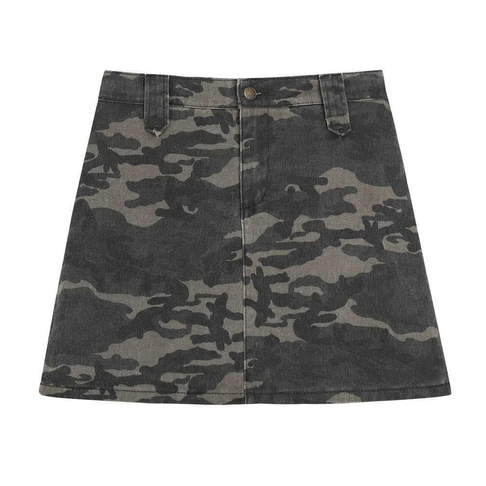 Y2K Camouflage Print Denim High Waist Mini Skirt