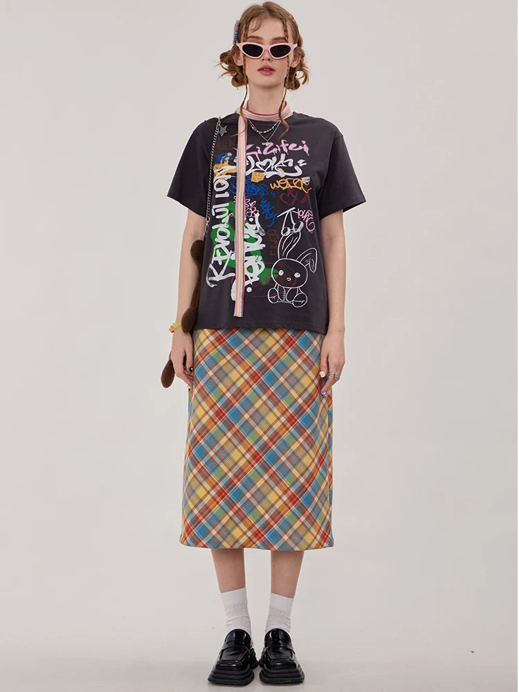 Y2K Candy Colour Plaid Straight Flowy Midi Skirt