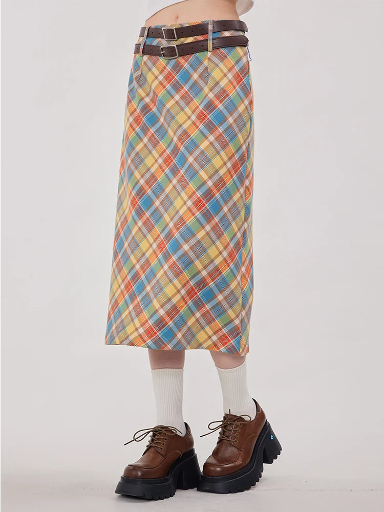 Y2K Candy Colour Plaid Straight Flowy Midi Skirt