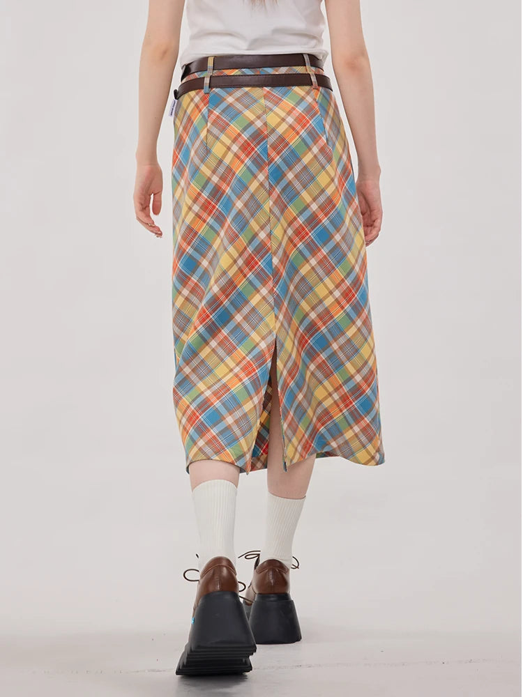 Y2K Candy Colour Plaid Straight Flowy Midi Skirt