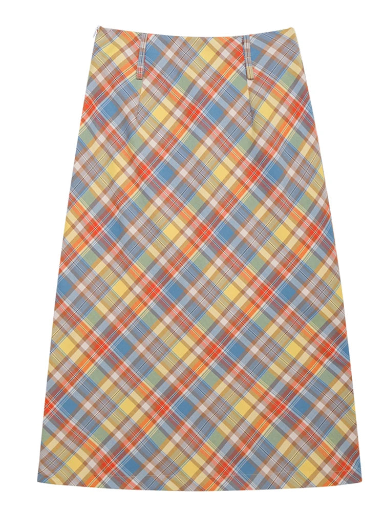 Y2K Candy Colour Plaid Straight Flowy Midi Skirt