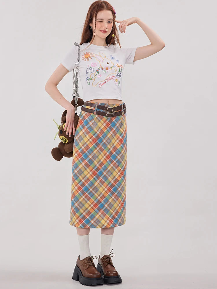 Y2K Candy Colour Plaid Straight Flowy Midi Skirt