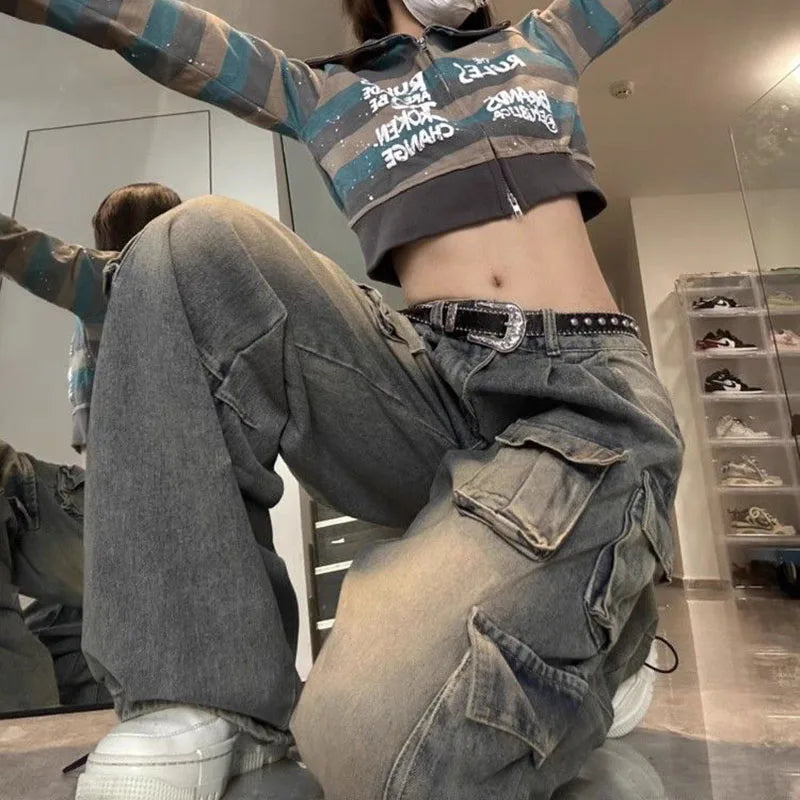 Y2K Cargo Jeans Low Waist Baggy Washed Jeans