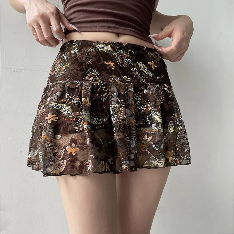 Y2K Cashew Low Waist Mesh Mini Skirt