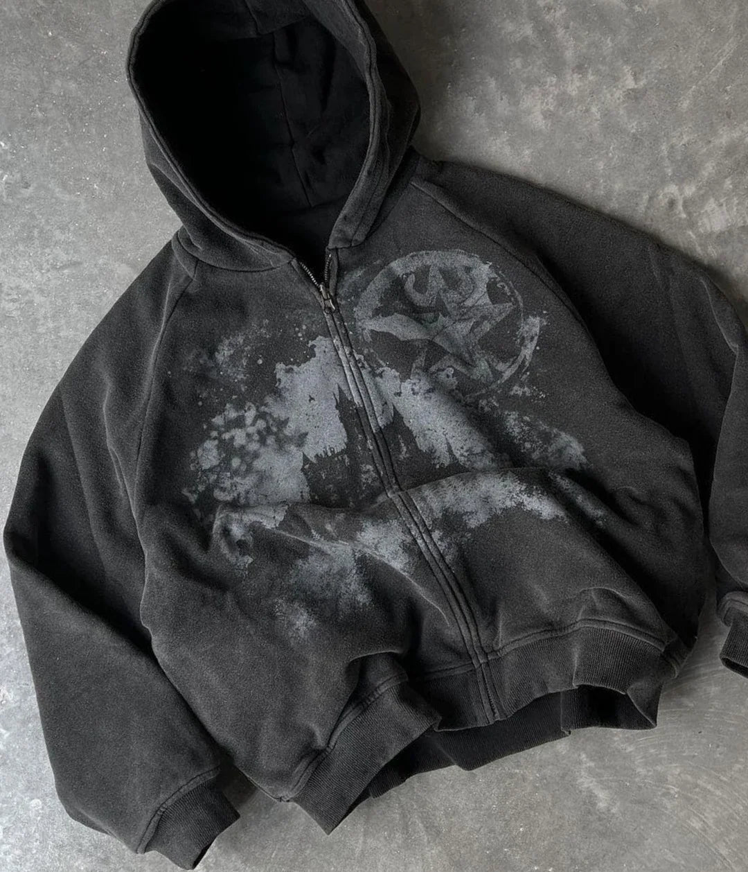 Y2K Castled Print Black Full Zip Up Hooded Jumper