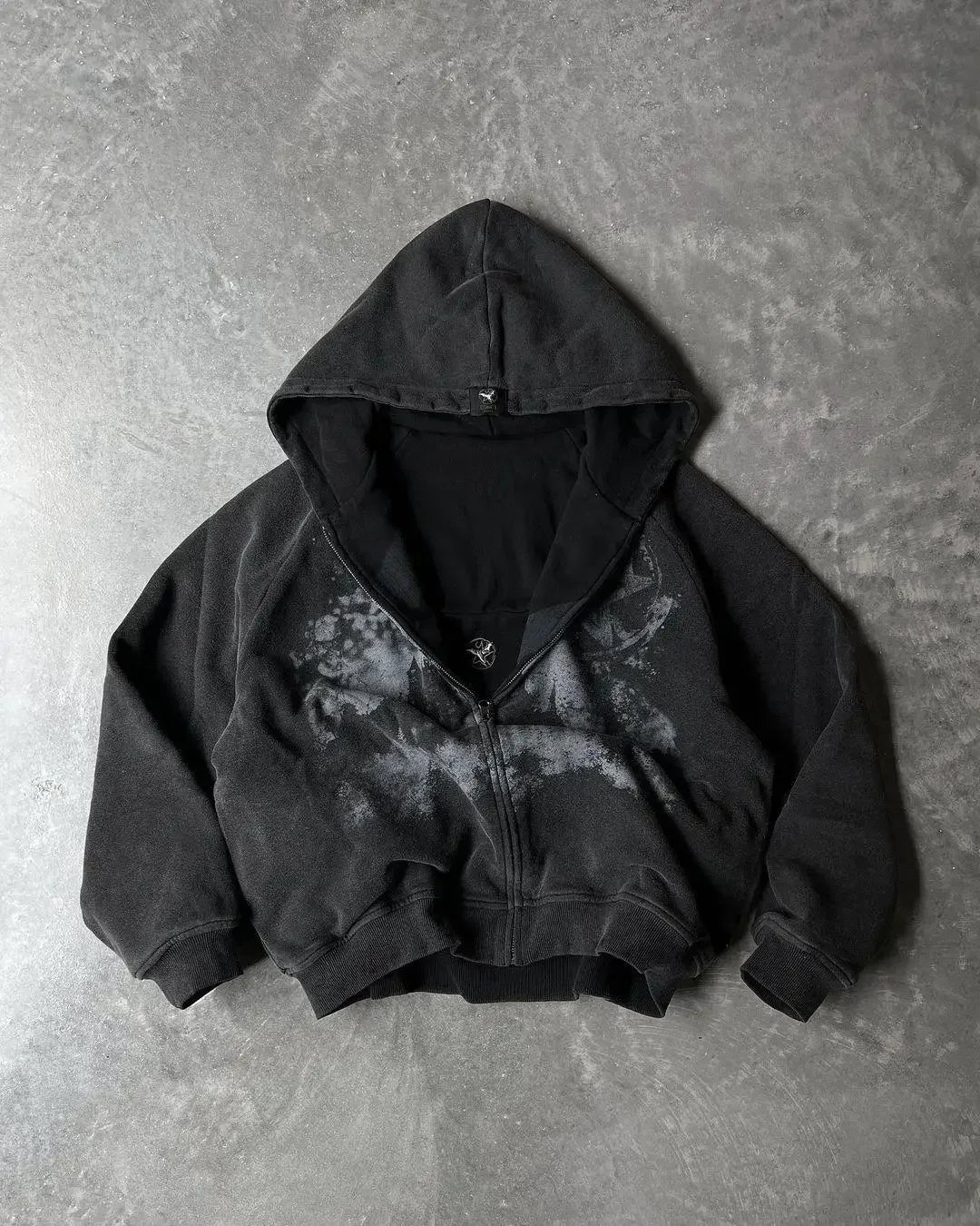 Y2K Castled Print Black Full Zip Up Hooded Jumper