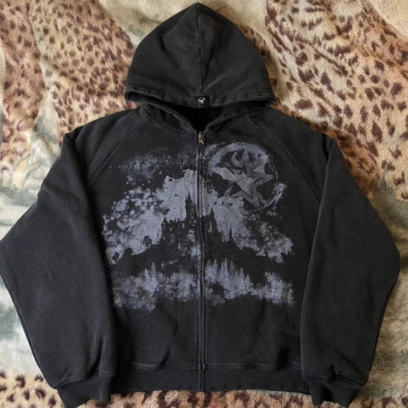 Y2K Castled Print Black Full Zip Up Hooded Jumper