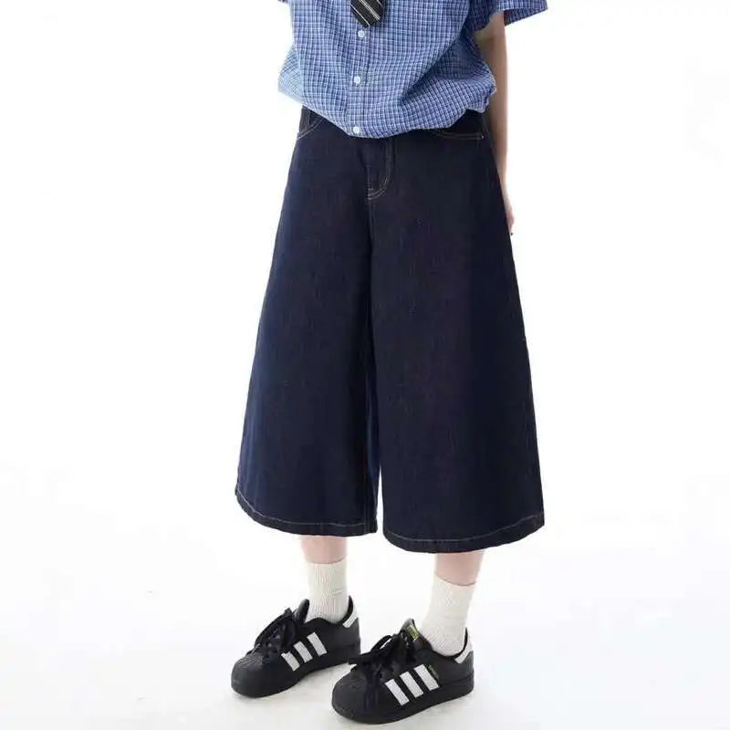 Y2K Casual Solid Wide Leg Denim Shorts Jorts