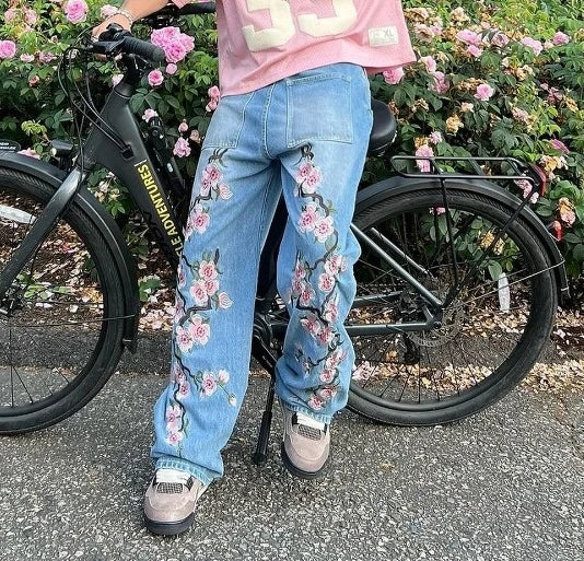 Y2K Cherry Blossom Embroidered Baggy Jeans