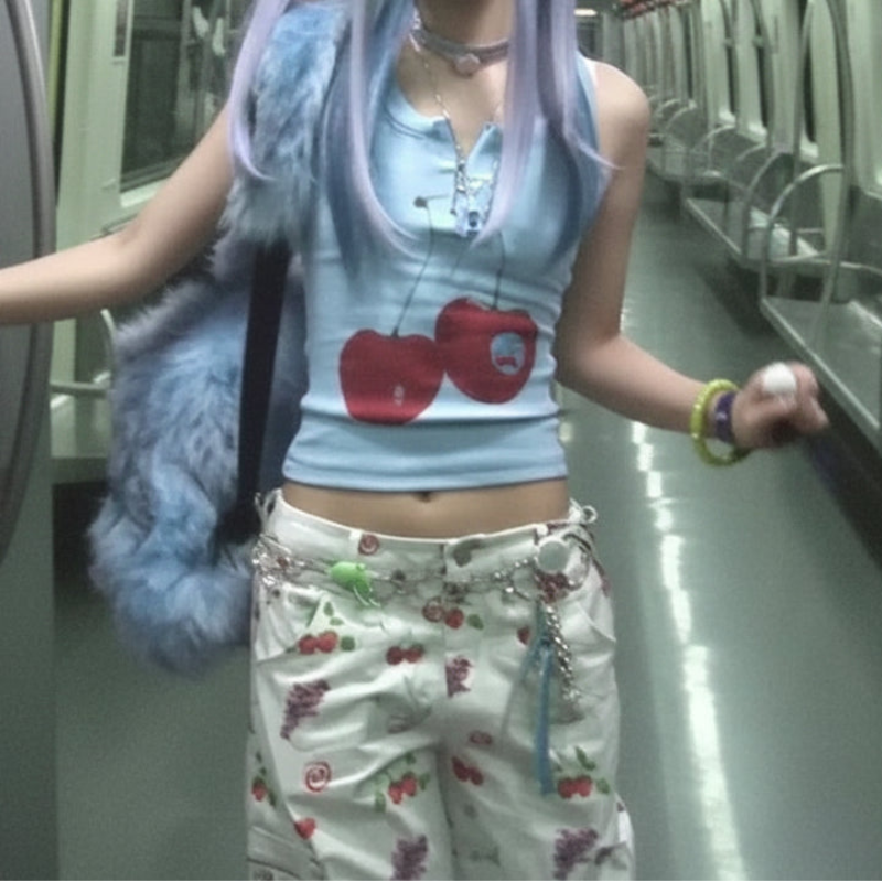 Y2K Cherry Graphic Vintage Crop Tank Top