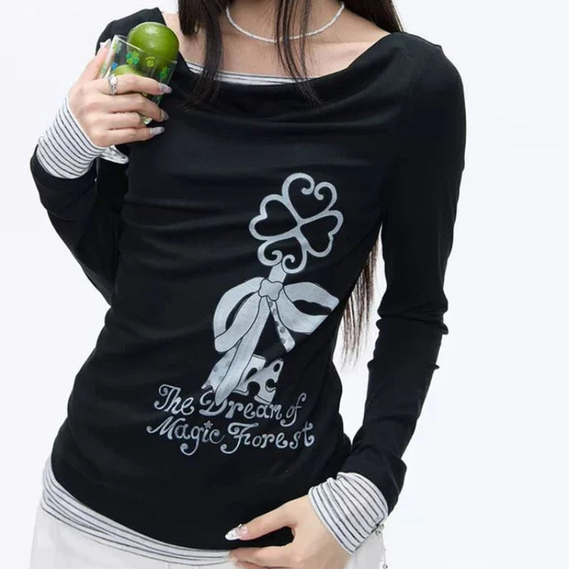 Y2K Chic Coquette Polka Patchwork Long Sleeve Top