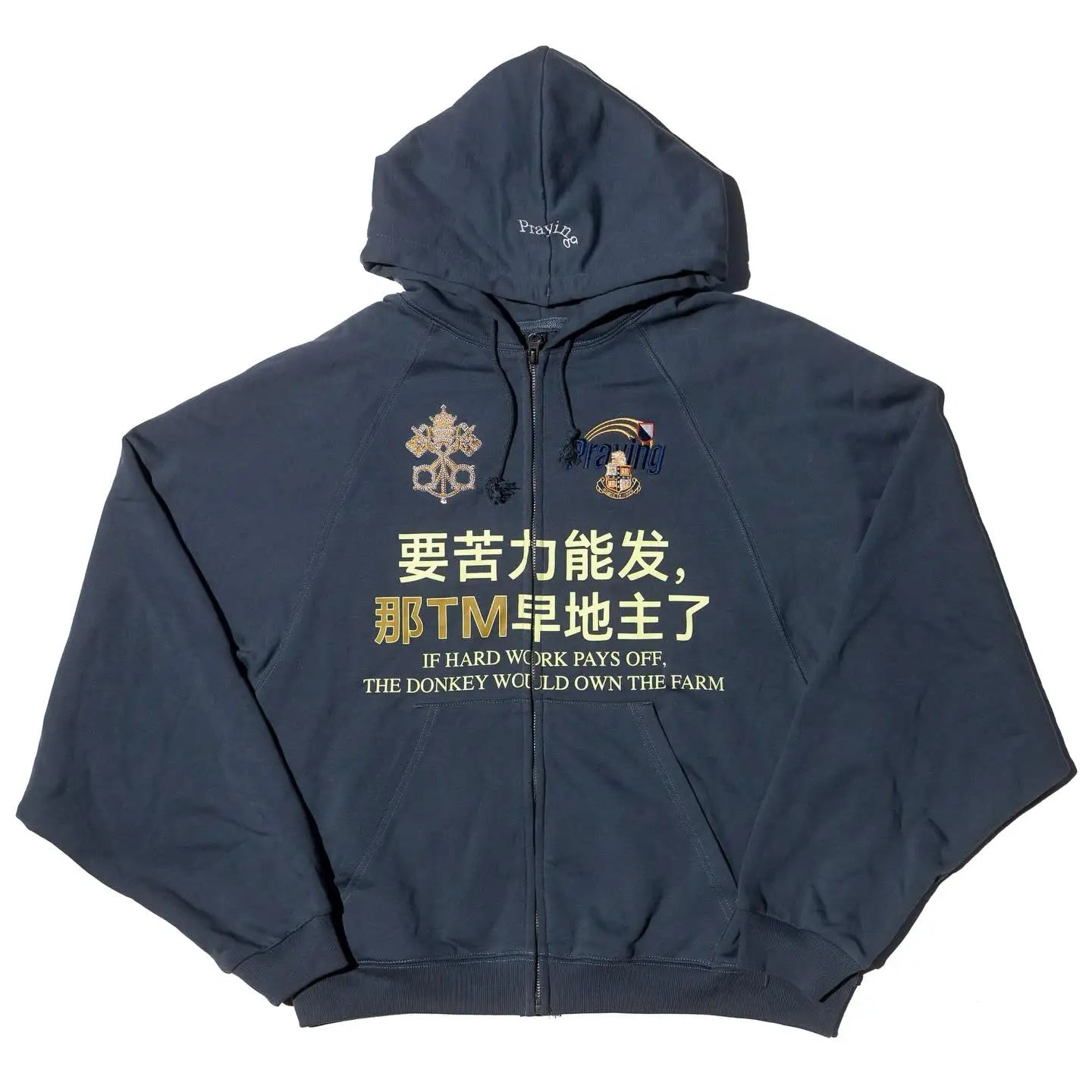 Y2K Chinese Character Embroidered Zip Up Hoodie