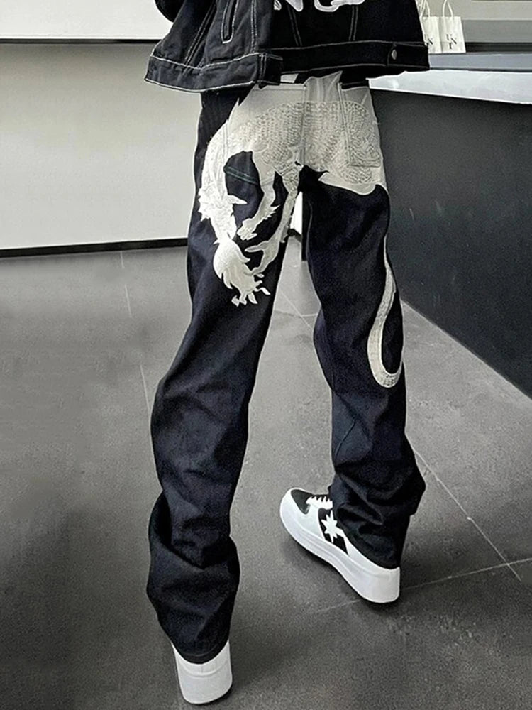 Y2K Chinese Dragon Embroidered Straight Jeans