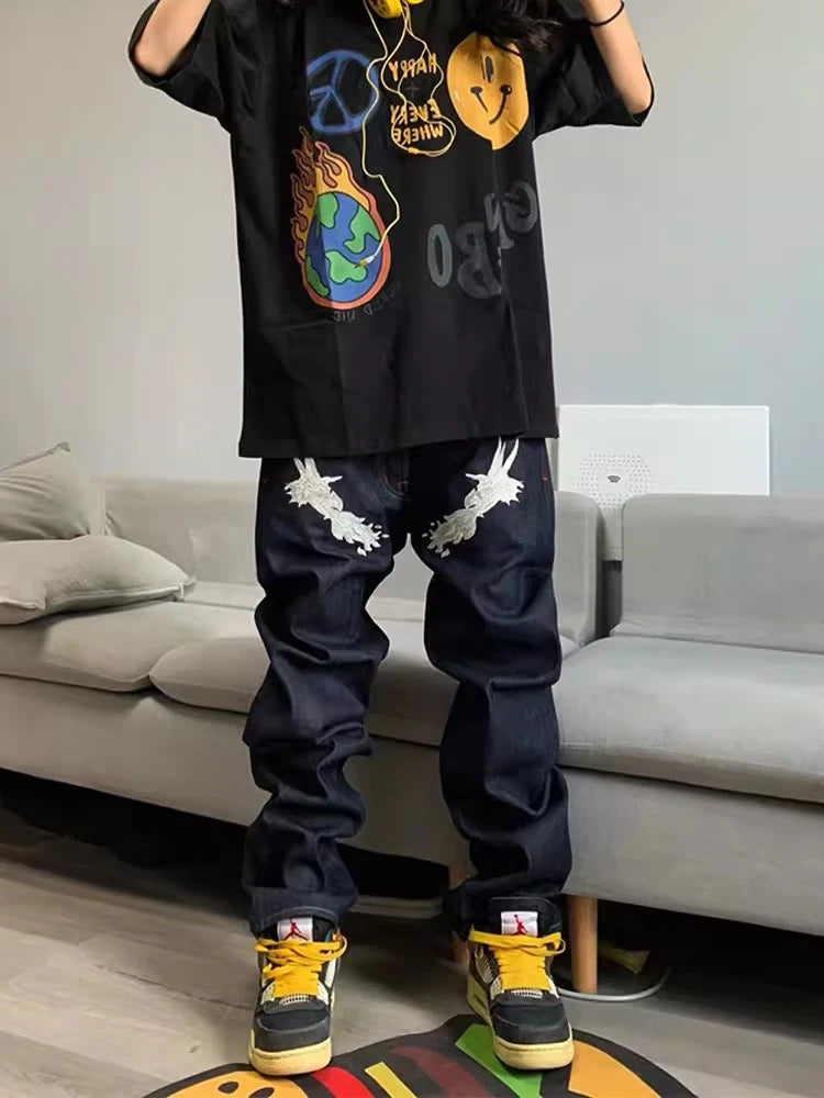 Y2K Chinese Dragon Embroidered Straight Jeans