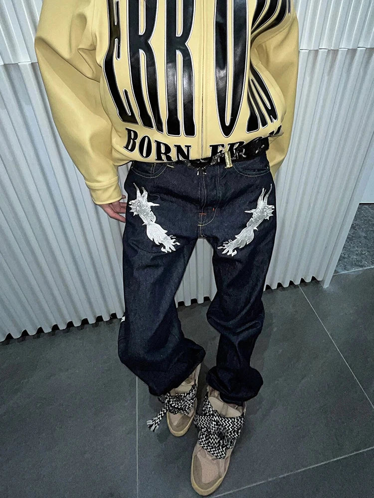 Y2K Chinese Dragon Embroidered Straight Jeans