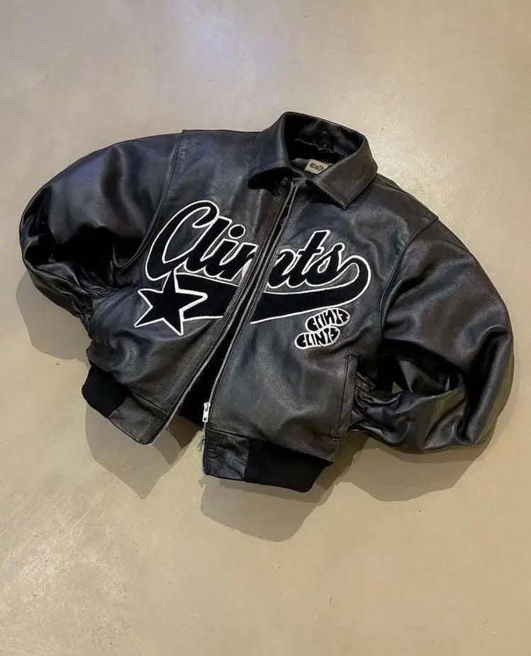 Y2K Clints Star Embroidered Pu Leather Jacket