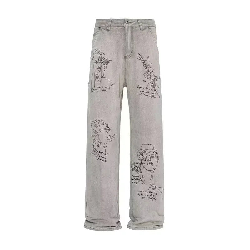 Y2K Coffee Shop Sketch Graphic Baggy Jeans