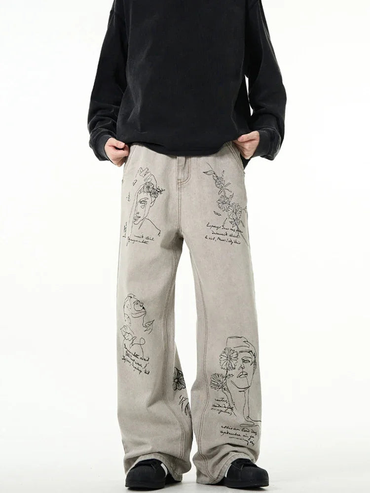 Y2K Coffee Shop Sketch Graphic Baggy Jeans