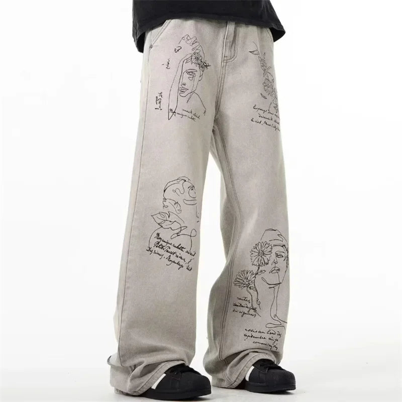 Y2K Coffee Shop Sketch Graphic Baggy Jeans