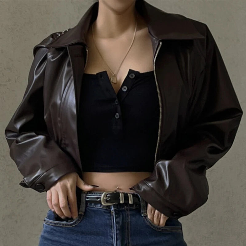 Y2K Collar Brown Leather Jacket
