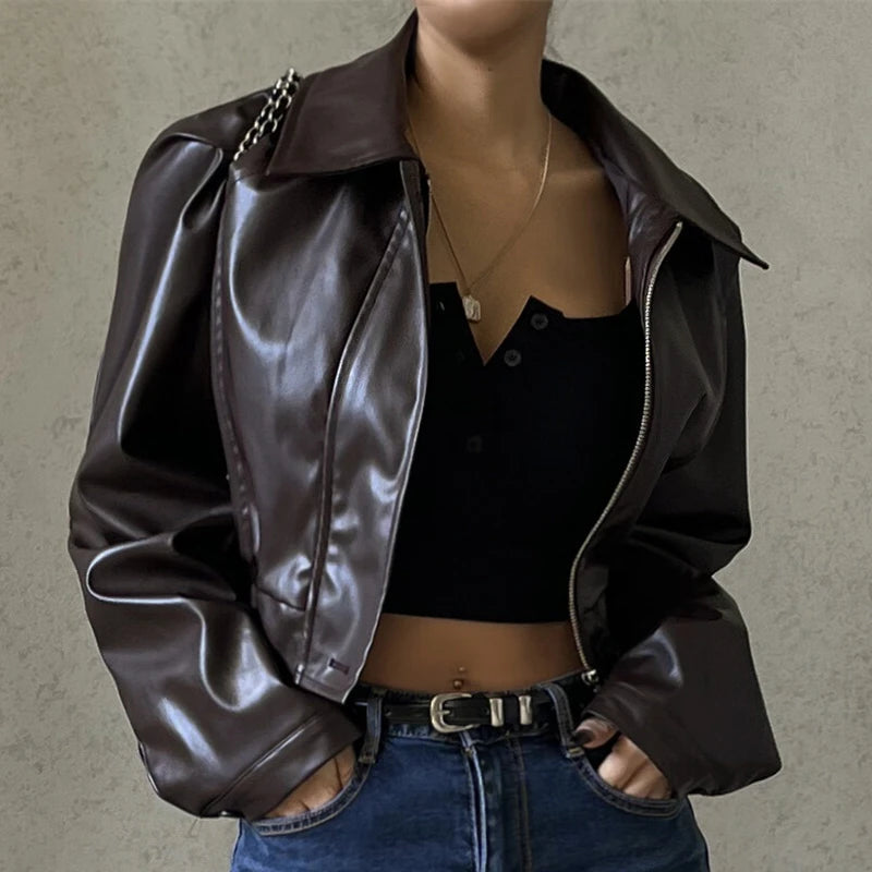 Y2K Collar Brown Leather Jacket
