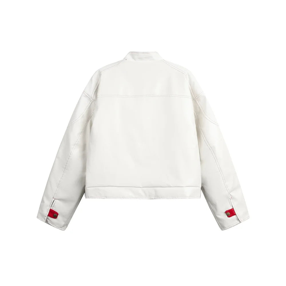 Y2K Contrast PU Leather Panelled Embroidered Motorcycle Jacket