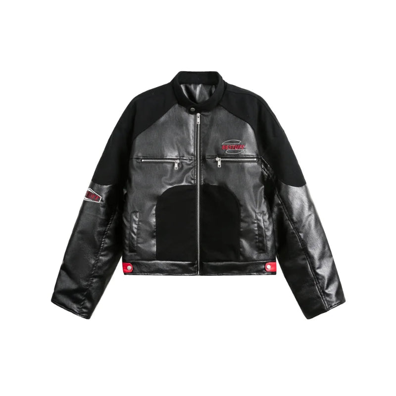 Y2K Contrast PU Leather Panelled Embroidered Motorcycle Jacket