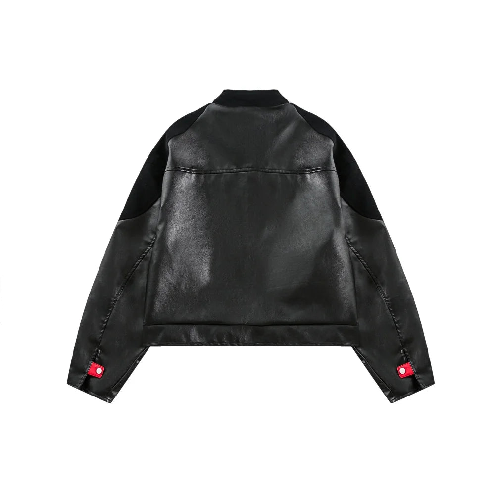 Y2K Contrast PU Leather Panelled Embroidered Motorcycle Jacket