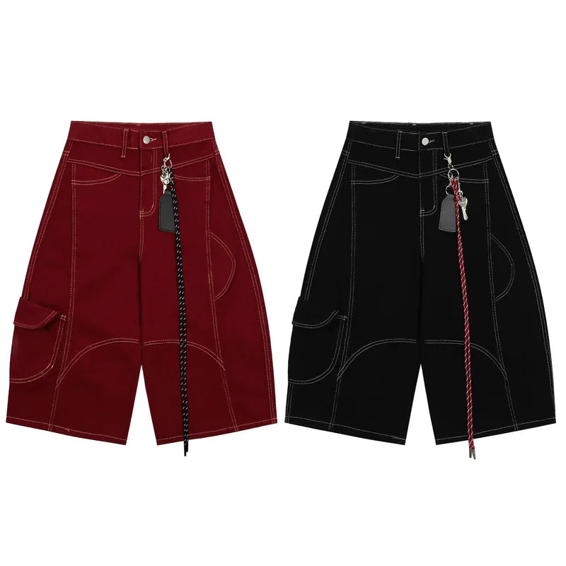 Y2K Contrast Stitch Wide Leg Long Denim Shorts Jorts