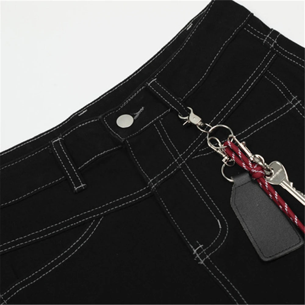 Y2K Contrast Stitch Wide Leg Long Denim Shorts Jorts