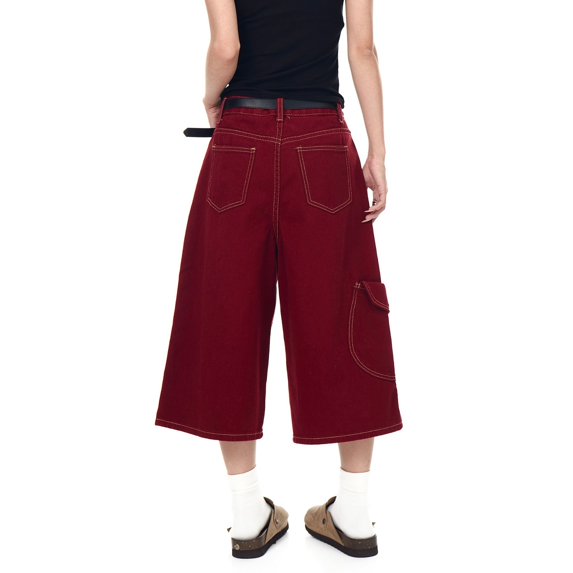 Y2K Contrast Stitch Wide Leg Long Denim Shorts Jorts